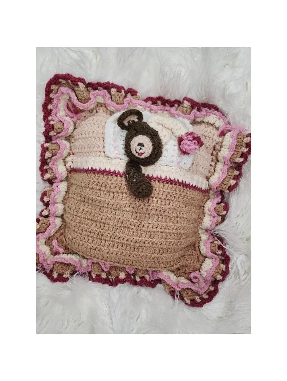 Handmade Crochet Ruffle Pillow 12x12 Cottagecore Bear Accent